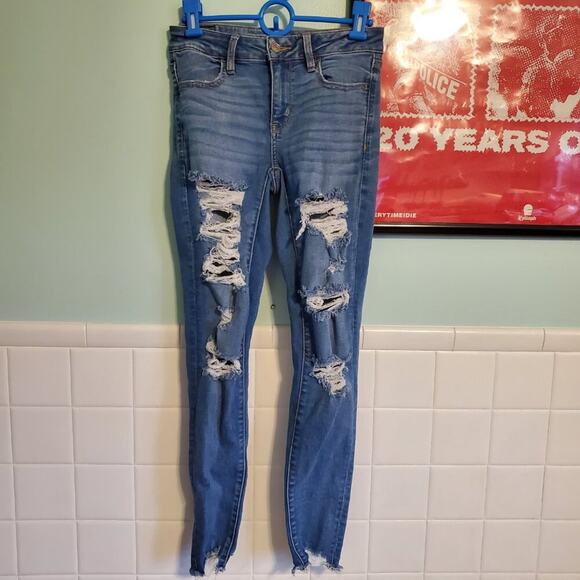 American Eagle Heavily Distressed Stretch Skinny Jeans Distressed Medium Wash - Picture 2 of 12